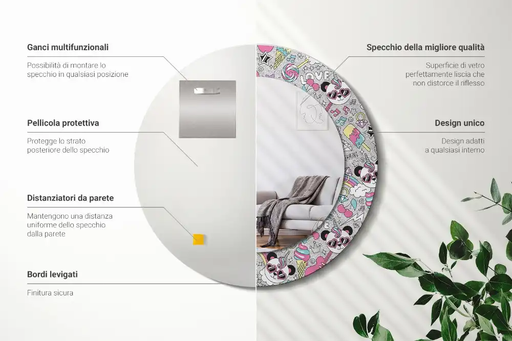 Specchio rotondo con cornice stampata Panda unicorn