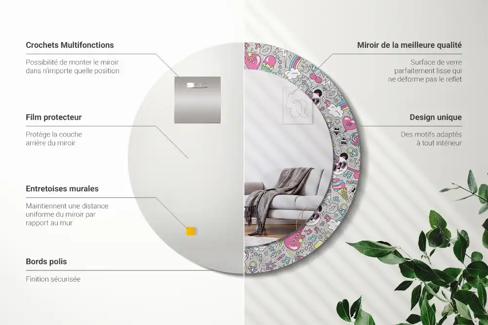 Specchio rotondo con cornice stampata Panda unicorn