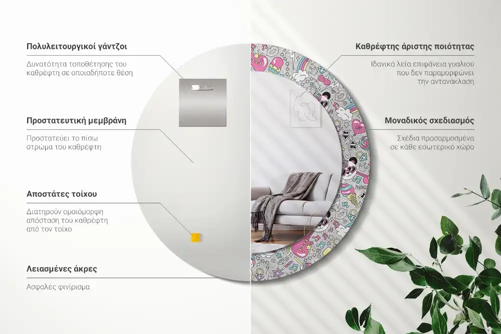 Specchio rotondo con cornice stampata Panda unicorn