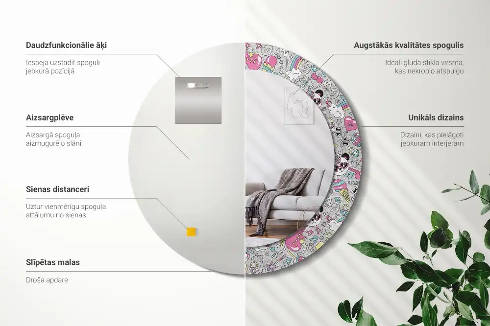 Specchio rotondo con cornice stampata Panda unicorn