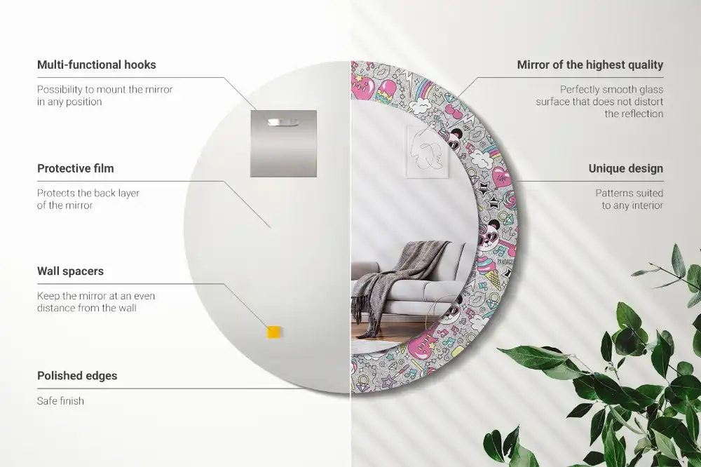 Specchio rotondo con cornice stampata Panda unicorn