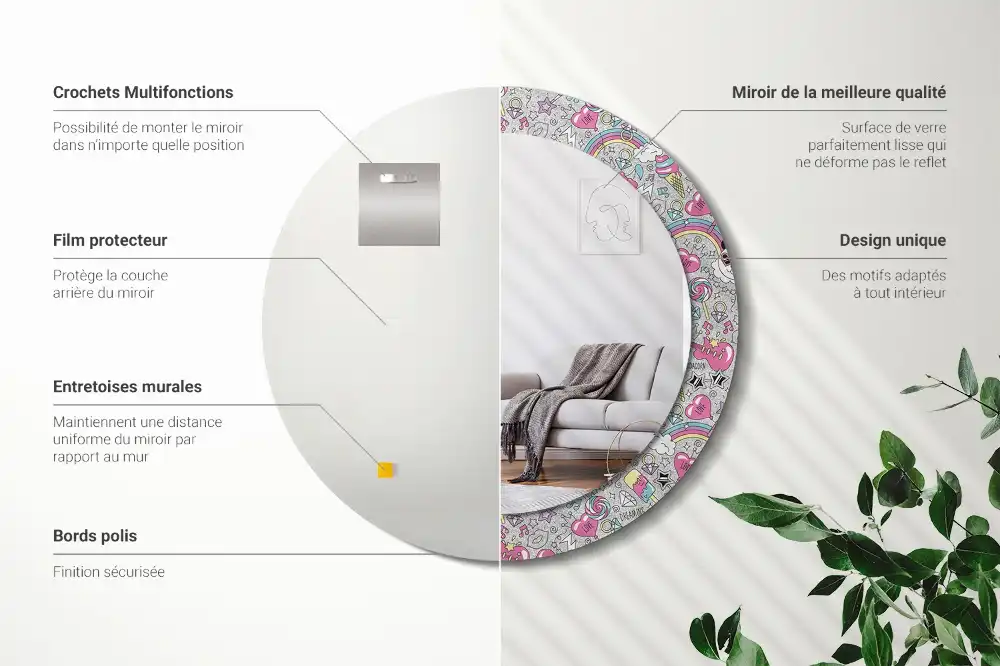 Specchio rotondo con cornice stampata Panda unicorn