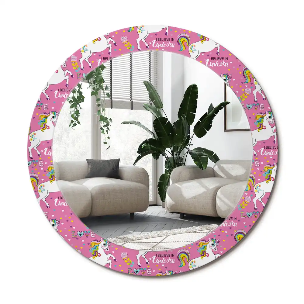 Specchio rotondo con cornice stampata Unicorno magico