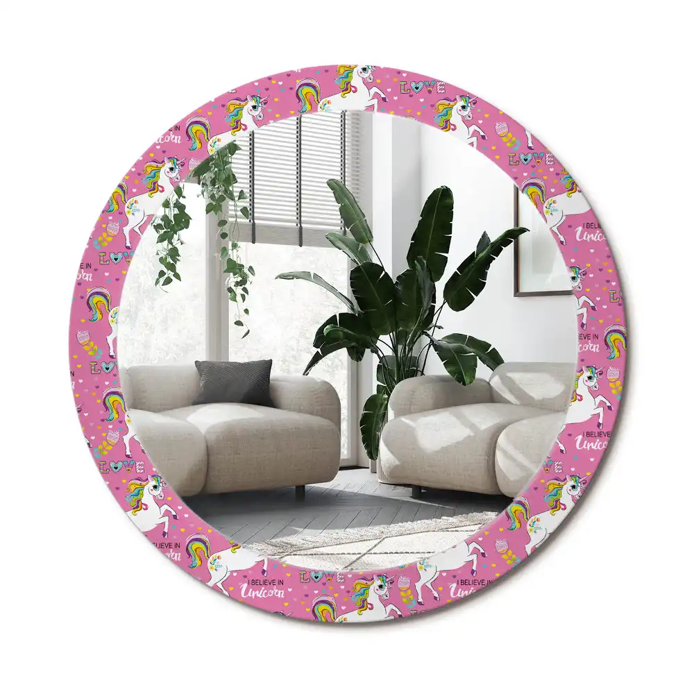 Specchio rotondo con cornice stampata Unicorno magico