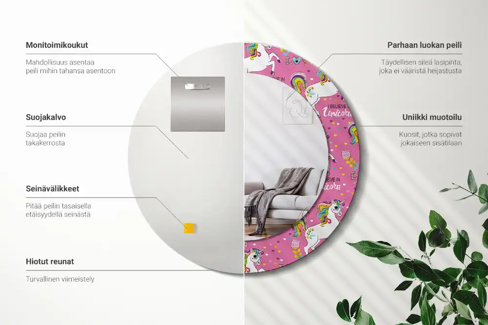 Specchio rotondo con cornice stampata Unicorno magico