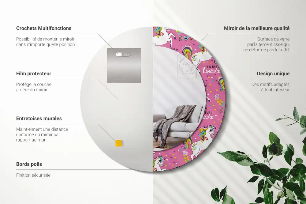 Specchio rotondo con cornice stampata Unicorno magico