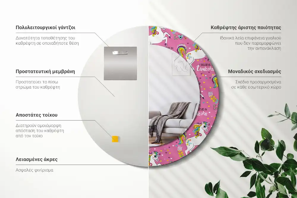 Specchio rotondo con cornice stampata Unicorno magico