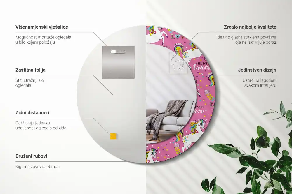 Specchio rotondo con cornice stampata Unicorno magico