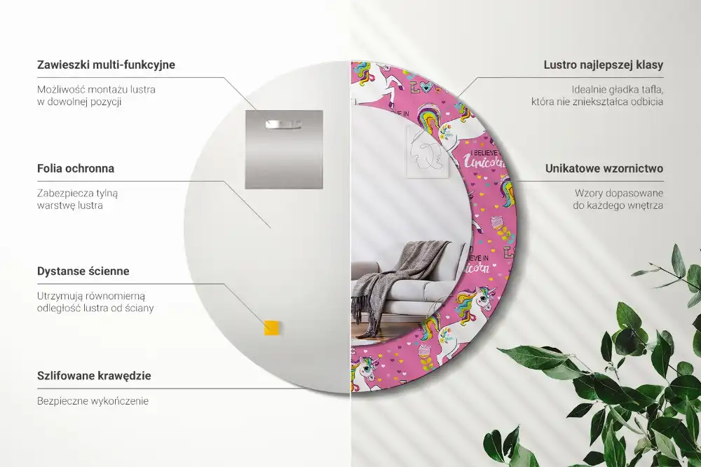 Specchio rotondo con cornice stampata Unicorno magico