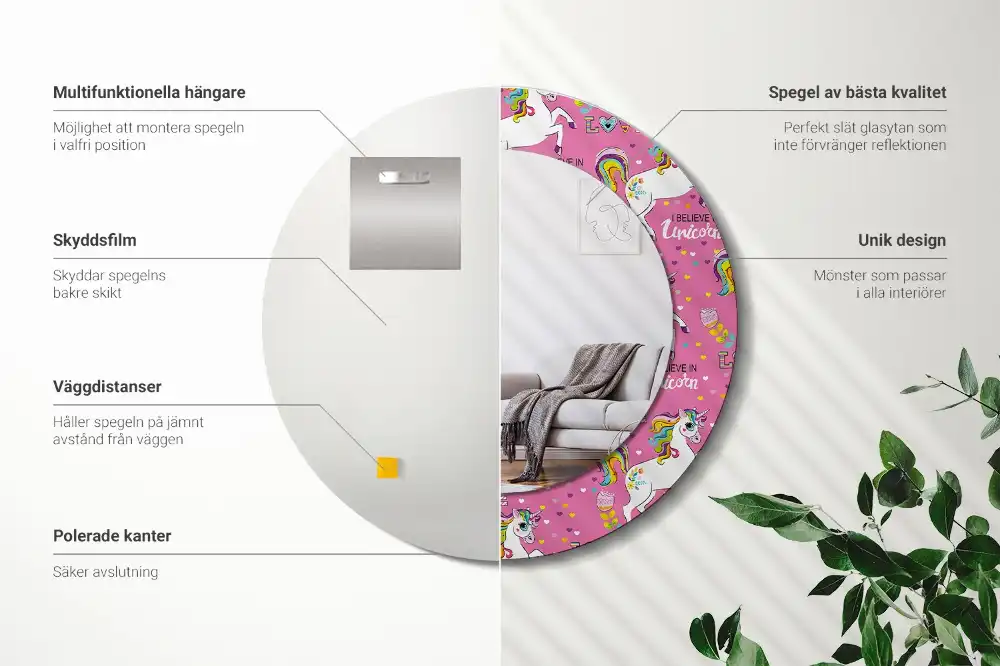 Specchio rotondo con cornice stampata Unicorno magico