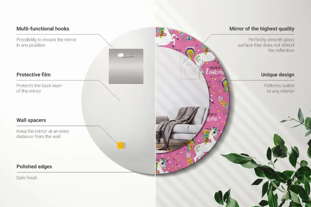 Specchio rotondo con cornice stampata Unicorno magico