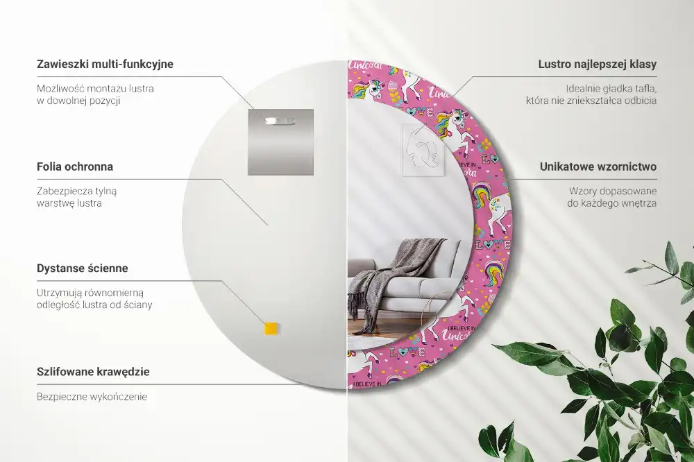 Specchio rotondo con cornice stampata Unicorno magico