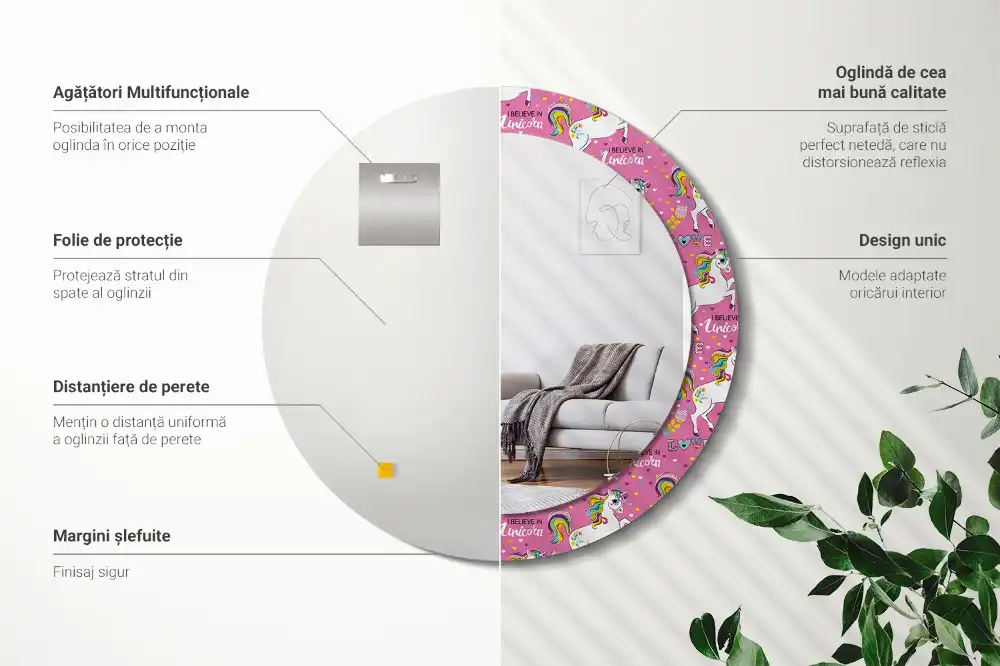 Specchio rotondo con cornice stampata Unicorno magico