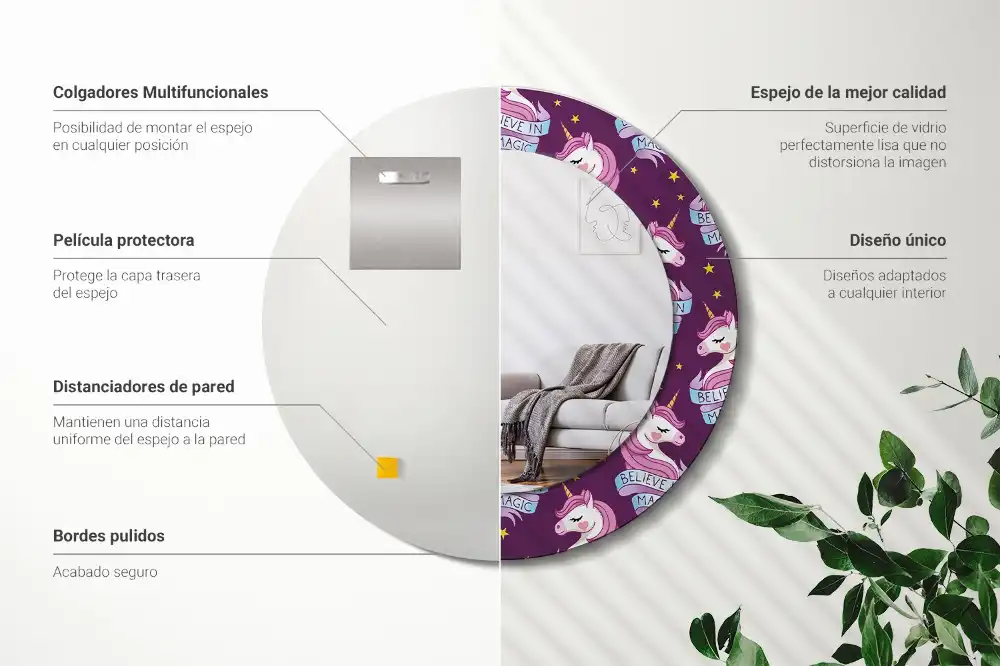 Specchio circolare stampato Unicorno Stellare