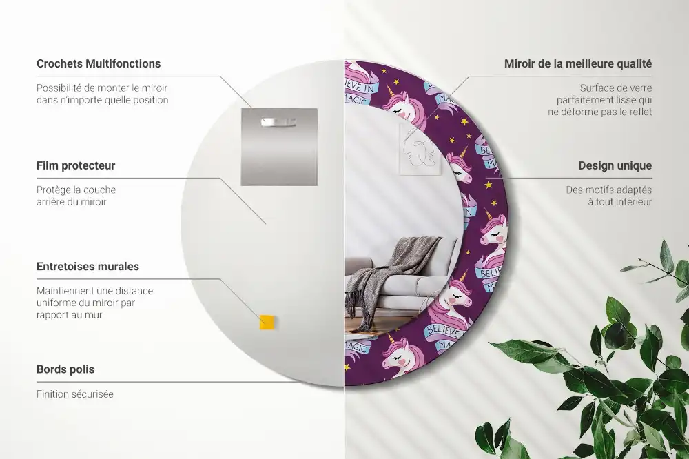 Specchio circolare stampato Unicorno Stellare