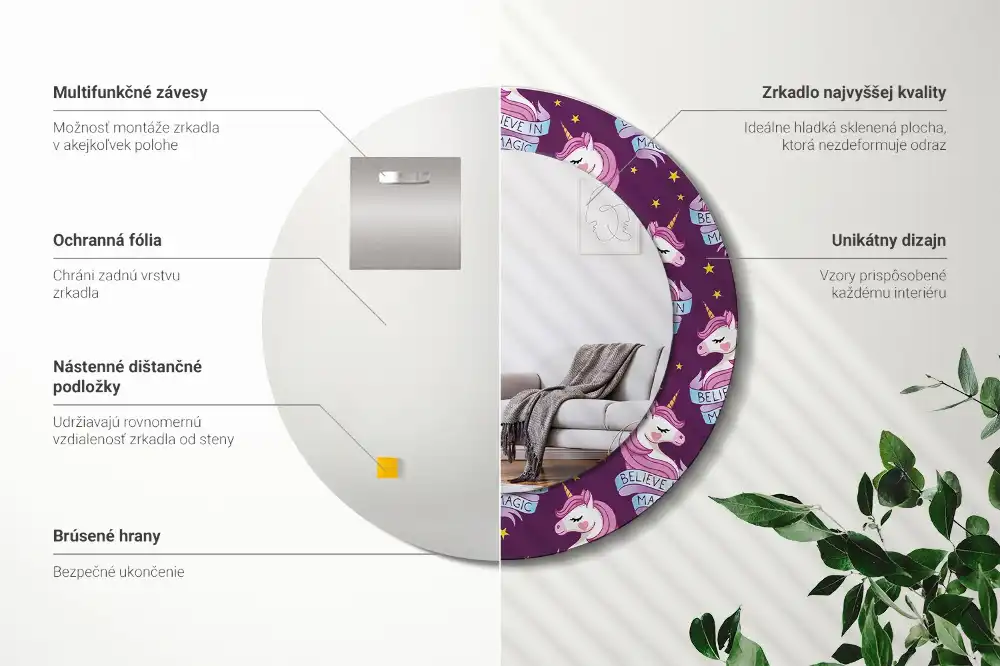 Specchio circolare stampato Unicorno Stellare