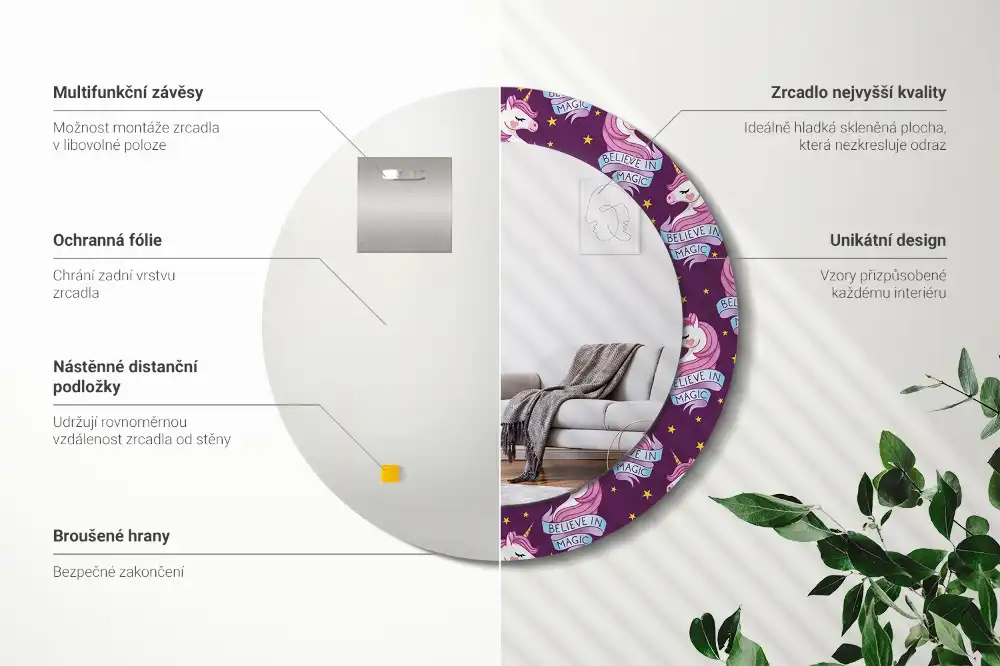 Specchio circolare stampato Unicorno Stellare