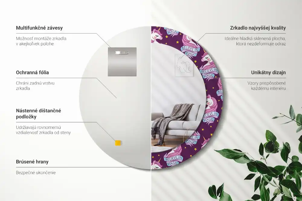 Specchio circolare stampato Unicorno Stellare