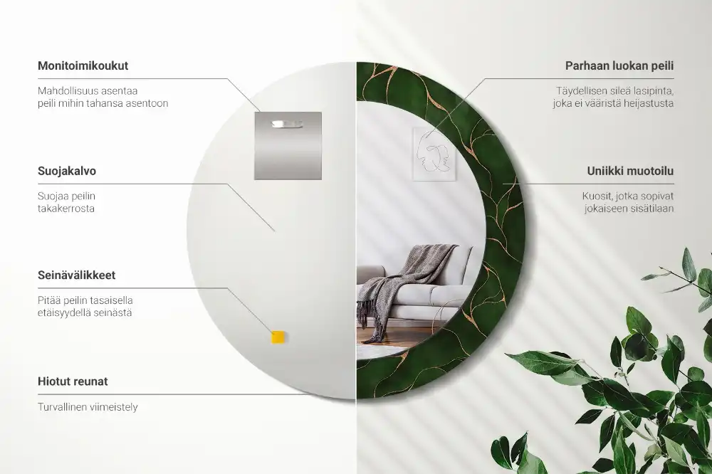 Specchio rotondo con cornice stampata Foglia astratta