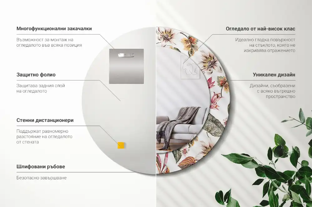 Specchio rotondo con cornice stampata Fiori d'epoca