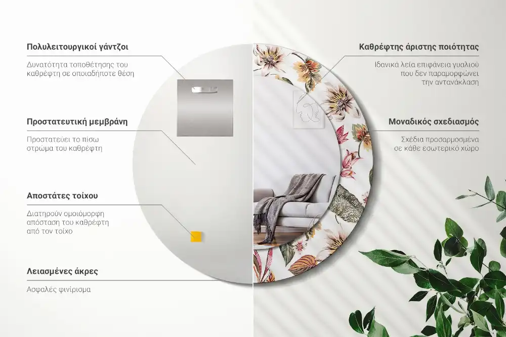 Specchio rotondo con cornice stampata Fiori d'epoca