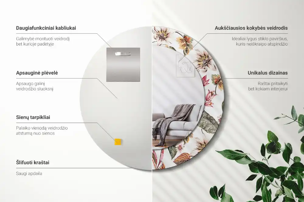 Specchio rotondo con cornice stampata Fiori d'epoca