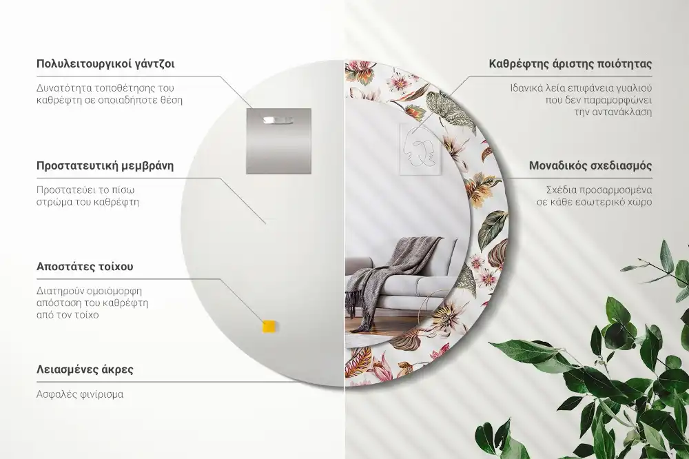 Specchio rotondo con cornice stampata Fiori d'epoca