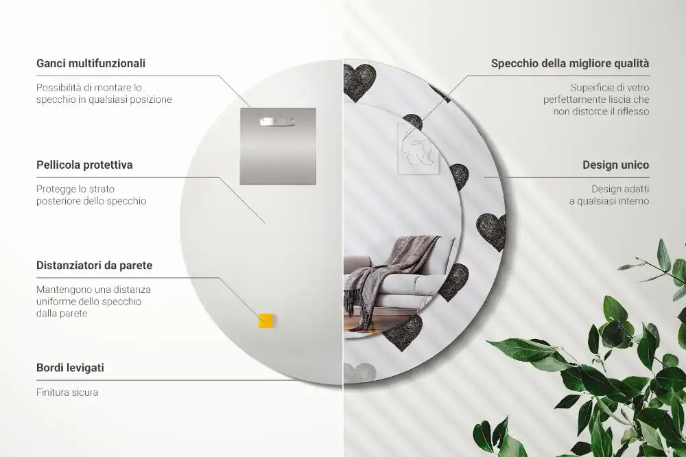 Specchio circolare stampato Cuori astratti