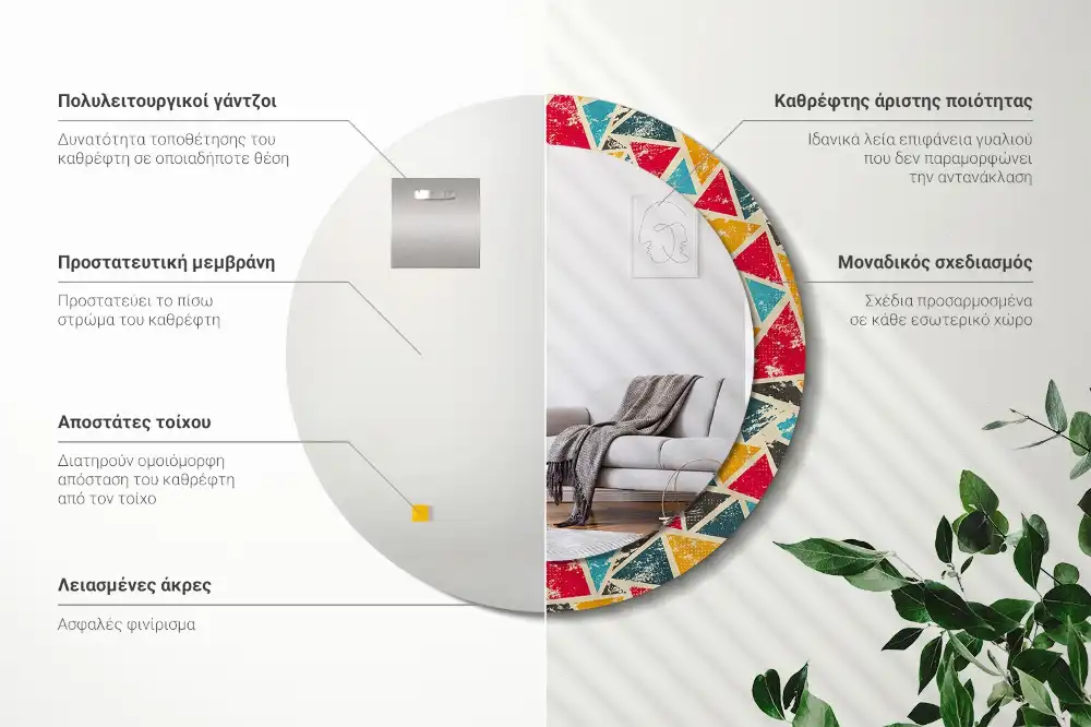 Specchio rotondo con cornice stampata Composizione retrò