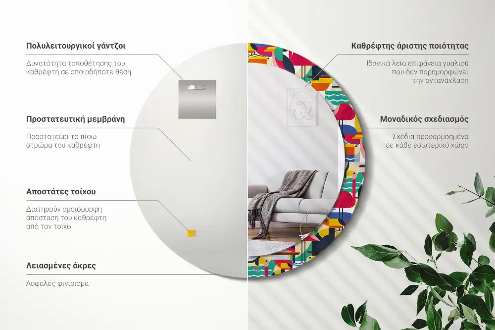 Specchio circolare decoro Uccelli tropicali geometrici