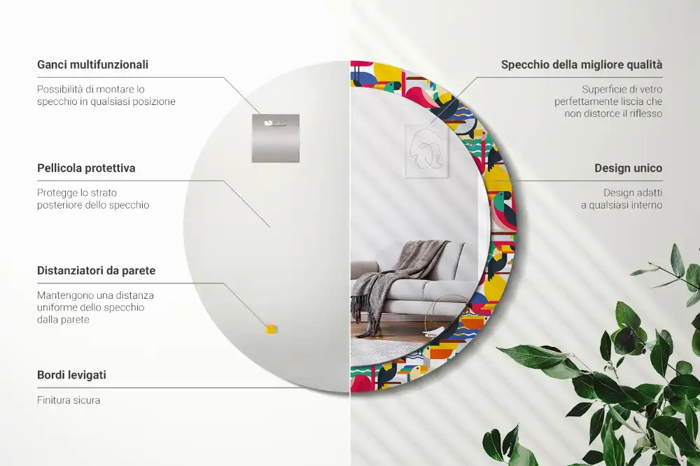 Specchio circolare decoro Uccelli tropicali geometrici