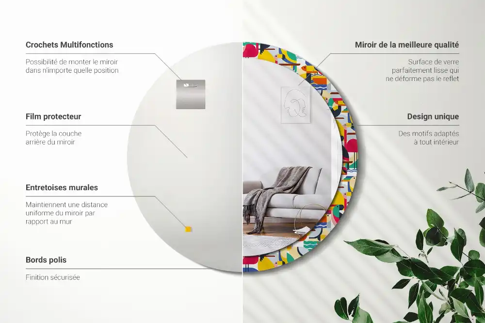 Specchio circolare decoro Uccelli tropicali geometrici