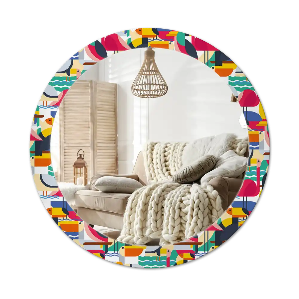 Specchio circolare decoro Uccelli tropicali geometrici