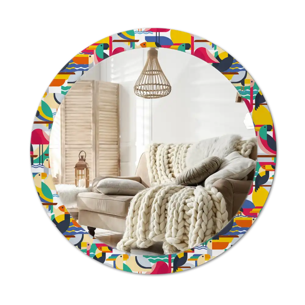 Specchio circolare decoro Uccelli tropicali geometrici