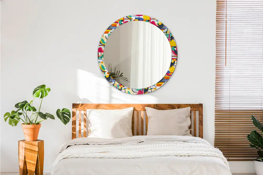 Specchio circolare decoro Uccelli tropicali geometrici