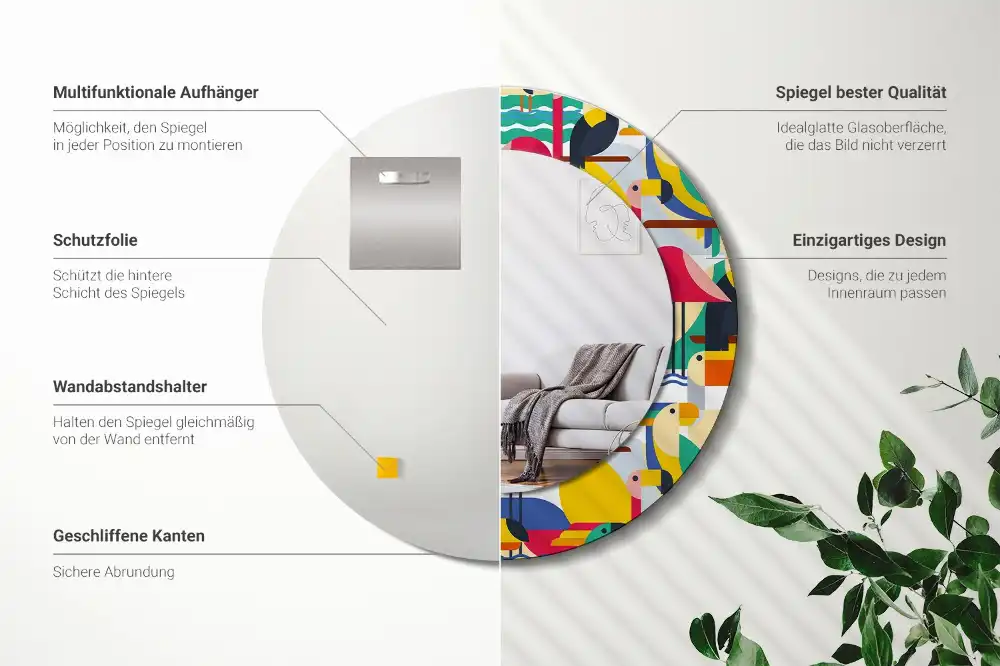 Specchio circolare decoro Uccelli tropicali geometrici