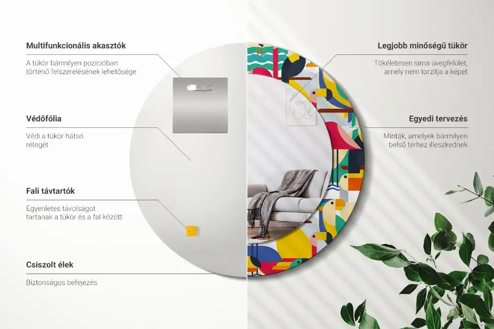 Specchio circolare decoro Uccelli tropicali geometrici