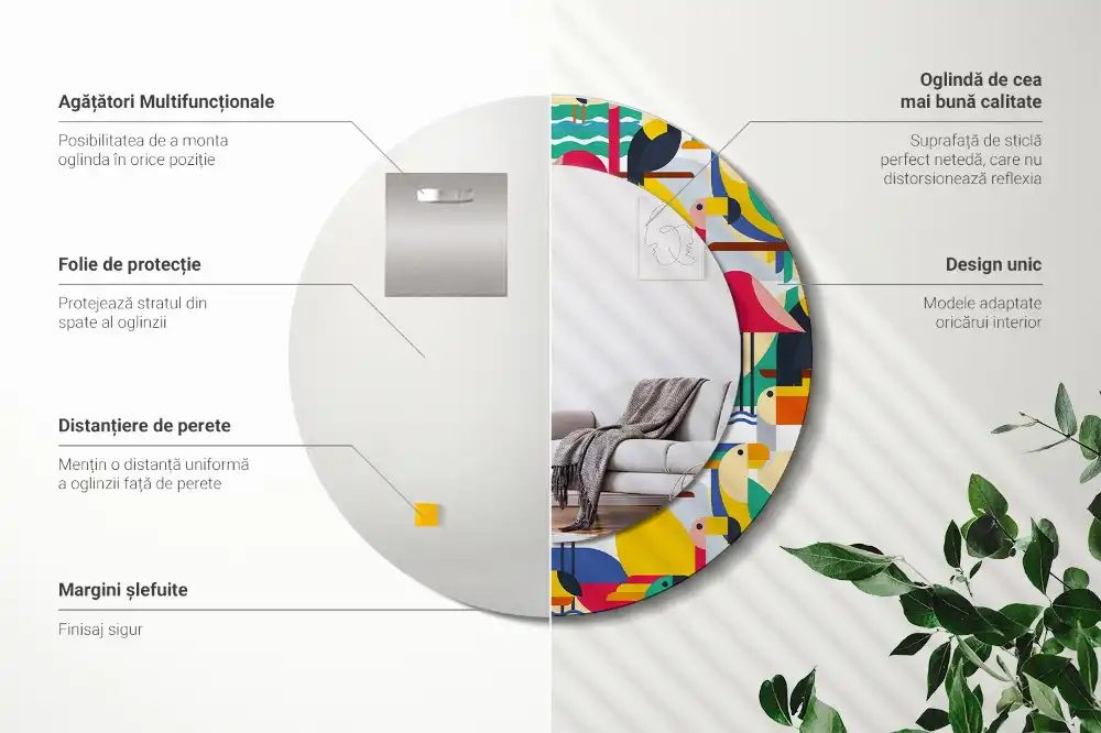 Specchio circolare decoro Uccelli tropicali geometrici