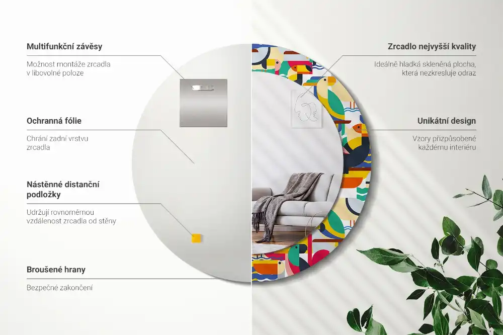 Specchio circolare decoro Uccelli tropicali geometrici