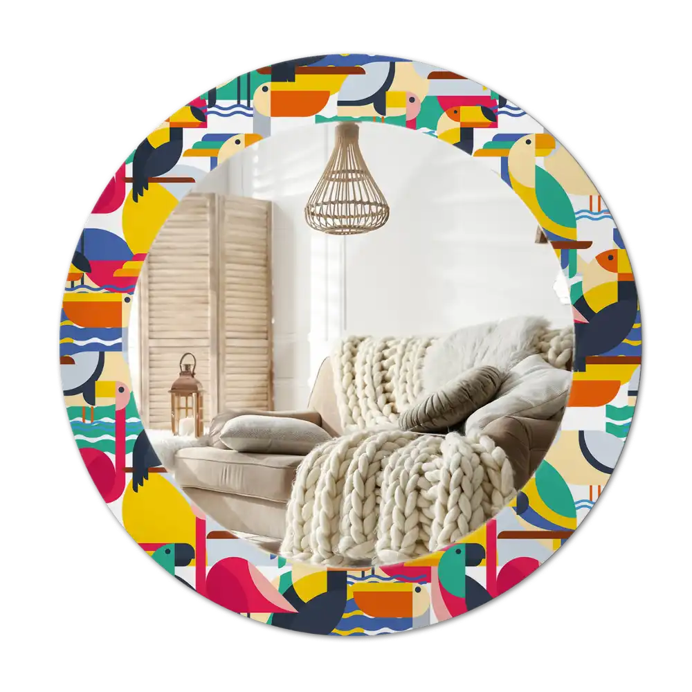 Specchio circolare decoro Uccelli tropicali geometrici