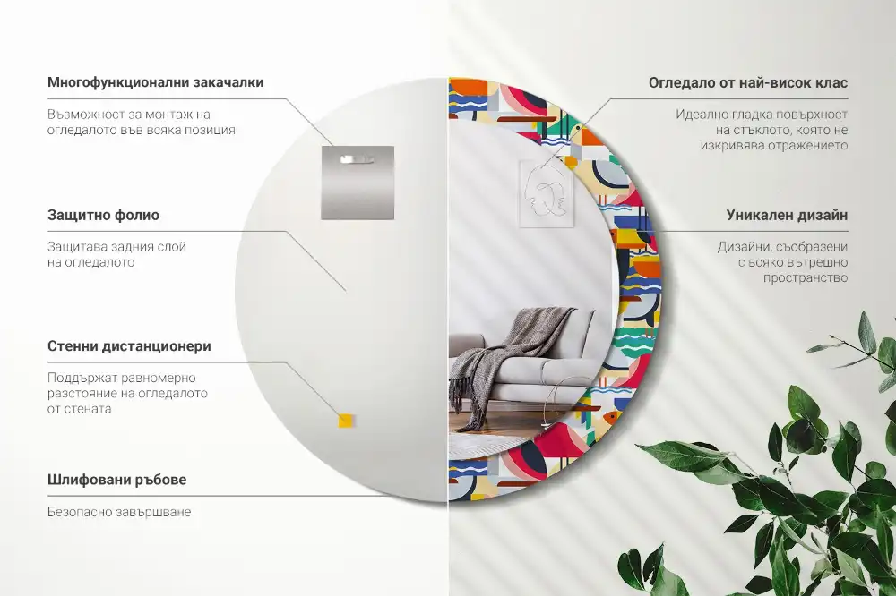 Specchio circolare decoro Uccelli tropicali geometrici