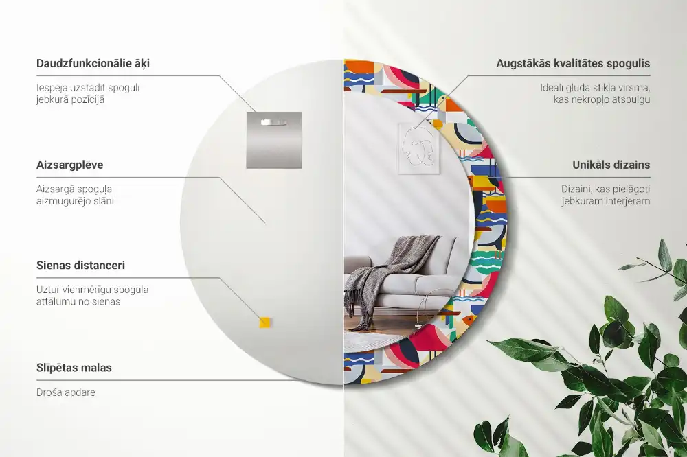 Specchio circolare decoro Uccelli tropicali geometrici