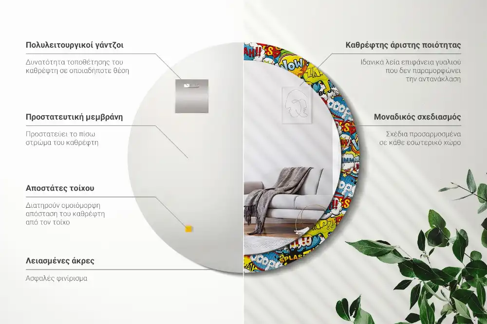 Specchio rotondo con cornice stampata Modello in stile fumetto