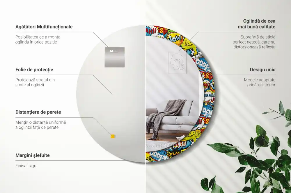 Specchio rotondo con cornice stampata Modello in stile fumetto