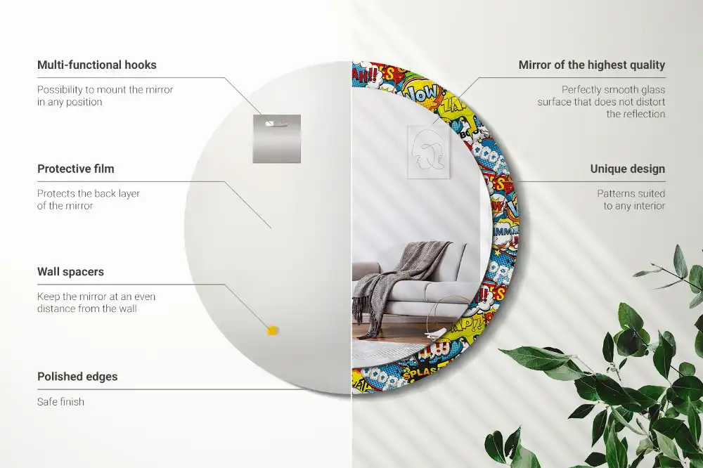 Specchio rotondo con cornice stampata Modello in stile fumetto