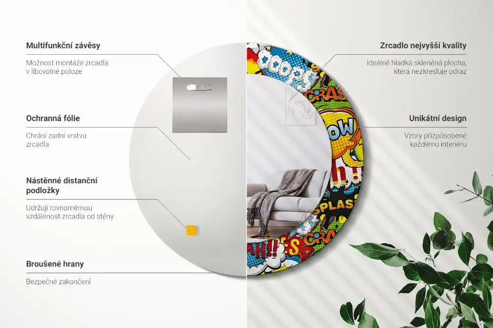 Specchio rotondo con cornice stampata Modello in stile fumetto