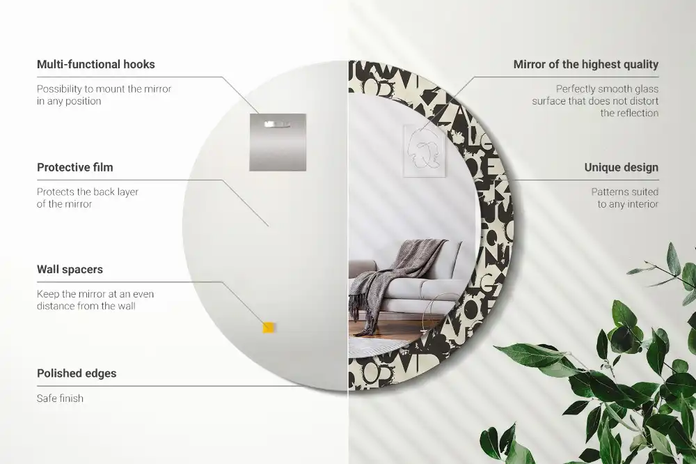 Specchio rotondo con cornice stampata Lettere