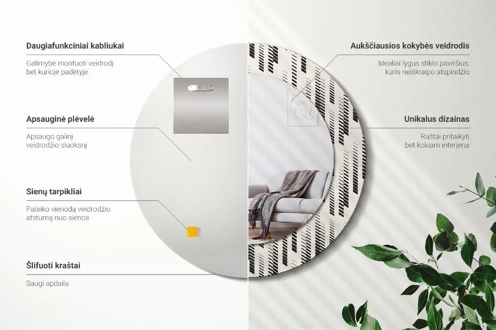 Specchio rotondo con cornice stampata Motivo a strisce