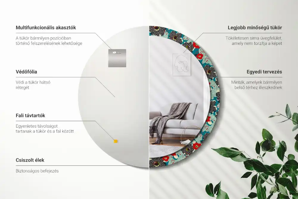 Specchio rotondo con cornice stampata Motivo floreale retrò