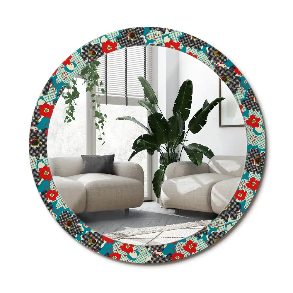 Specchio rotondo con cornice stampata Motivo floreale retrò